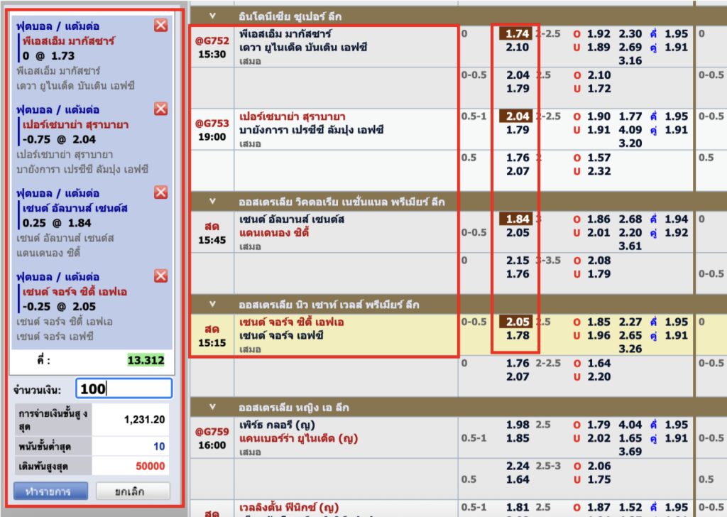 ตัวอย่าง การเดิมพันแบบ บอลสเต็ป (Mix Parlay)